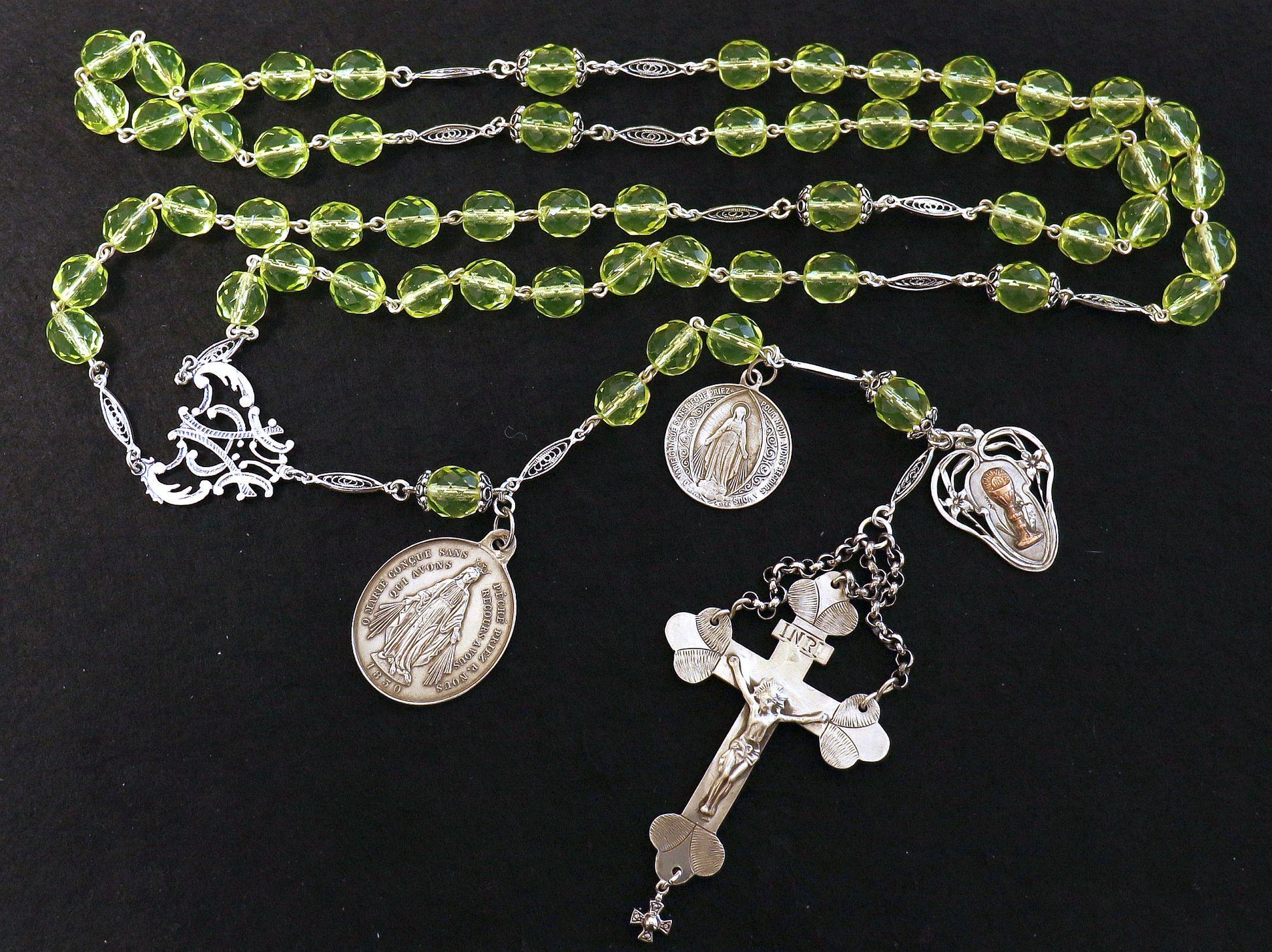 19TH Cent Catholic, Large, Uranium Glass & Sterling Silver , Rare Collectible, Unique and Antique