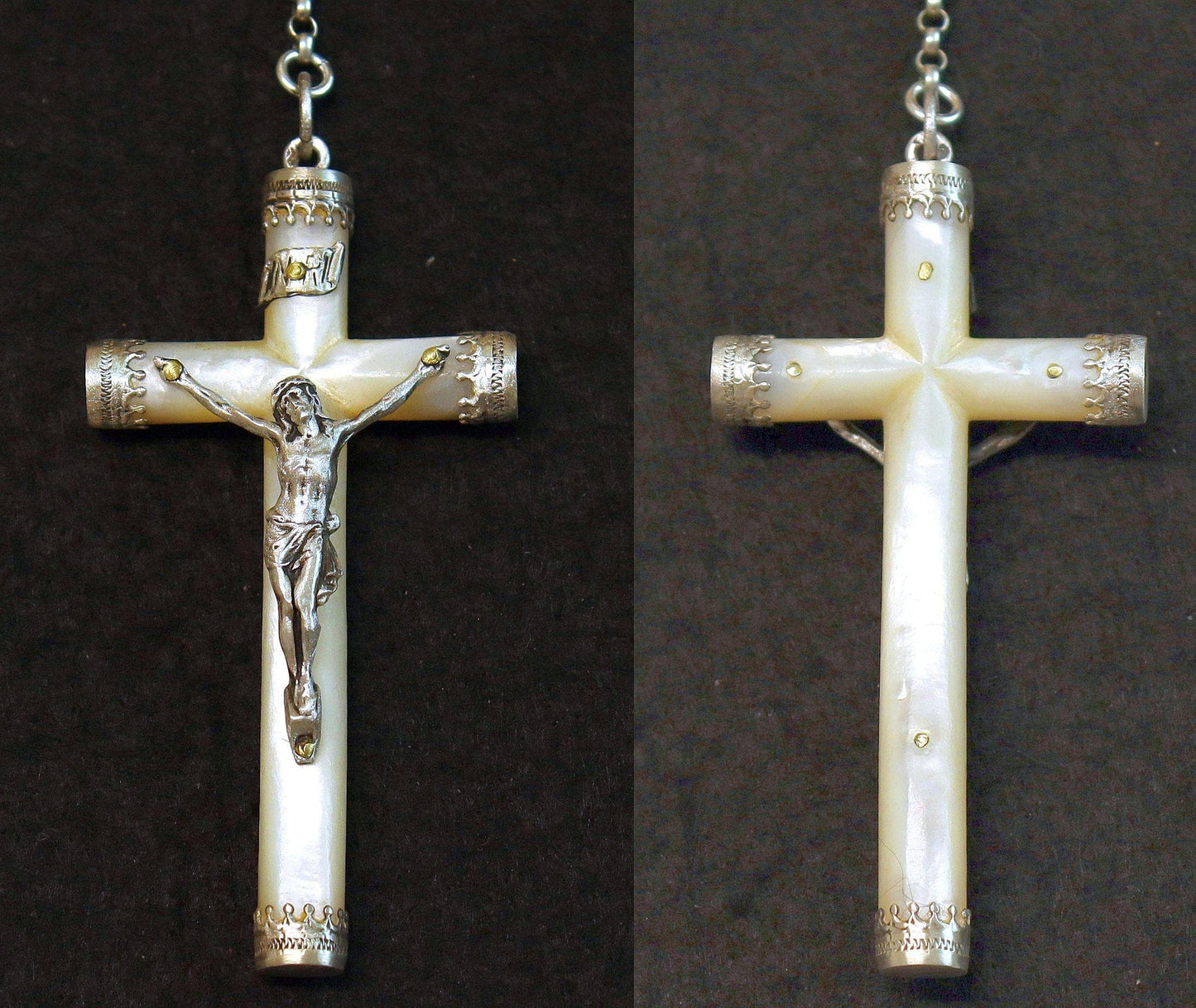 Stations of the Cross Rosary all Vintage Mother Of Pearl w 19th Cent Medals and Art Nouveau Crucifix ALL Sterling Silver Unique