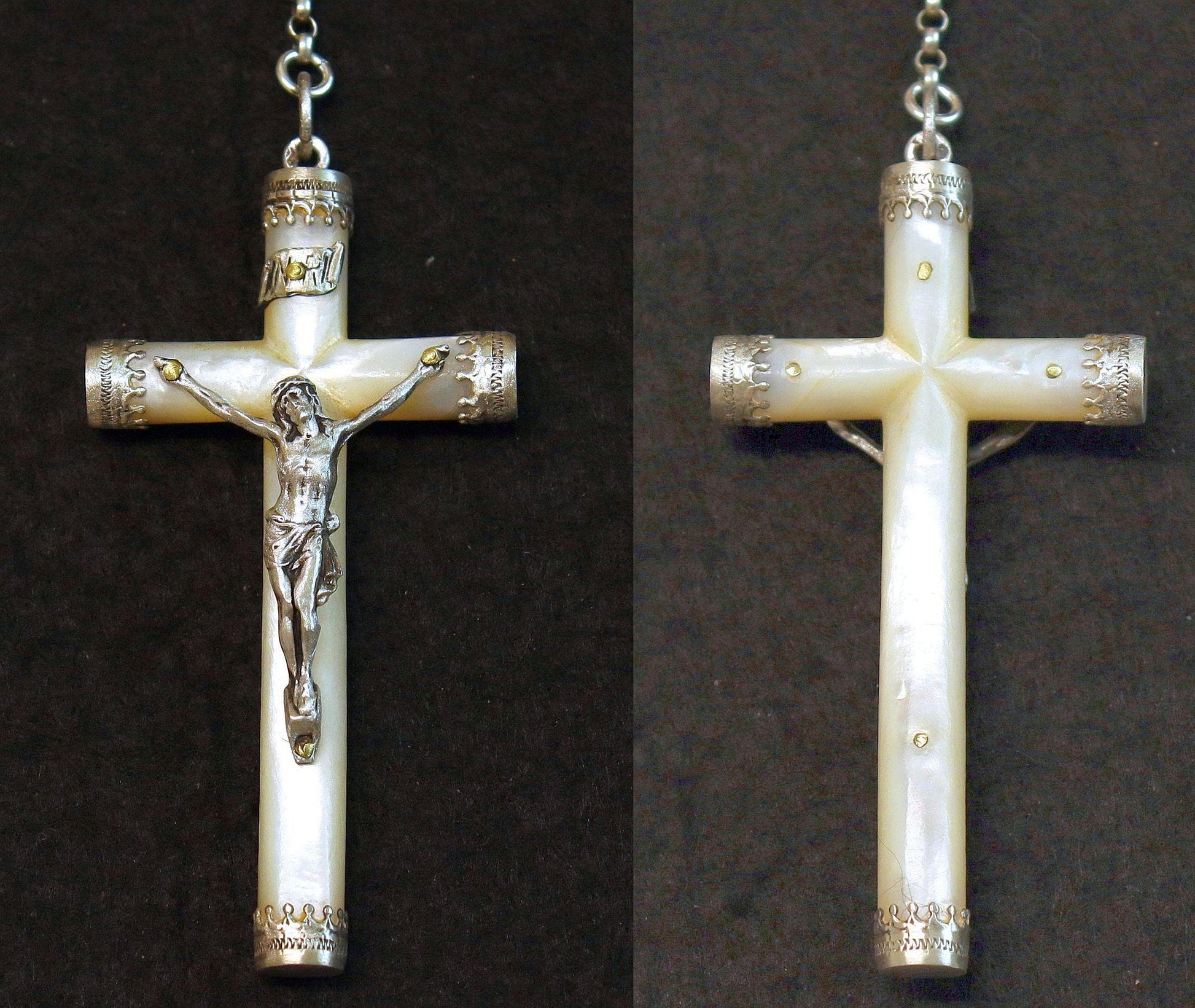 Stations of the Cross Rosary all Vintage Mother Of Pearl w 19th Cent Medals and Art Nouveau Crucifix ALL Sterling Silver Unique