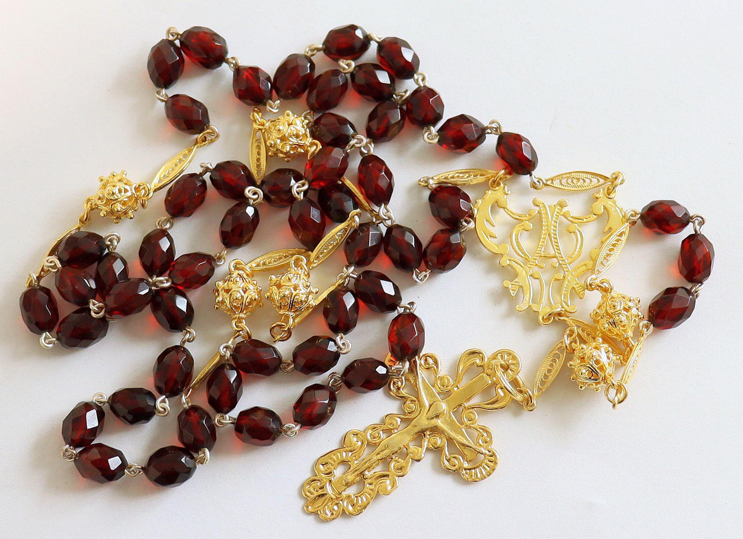 1930's Catholic Rosary Cherry Diamond Tested Bakelite and Gold Vermeil - Extreme rarity - Collector's