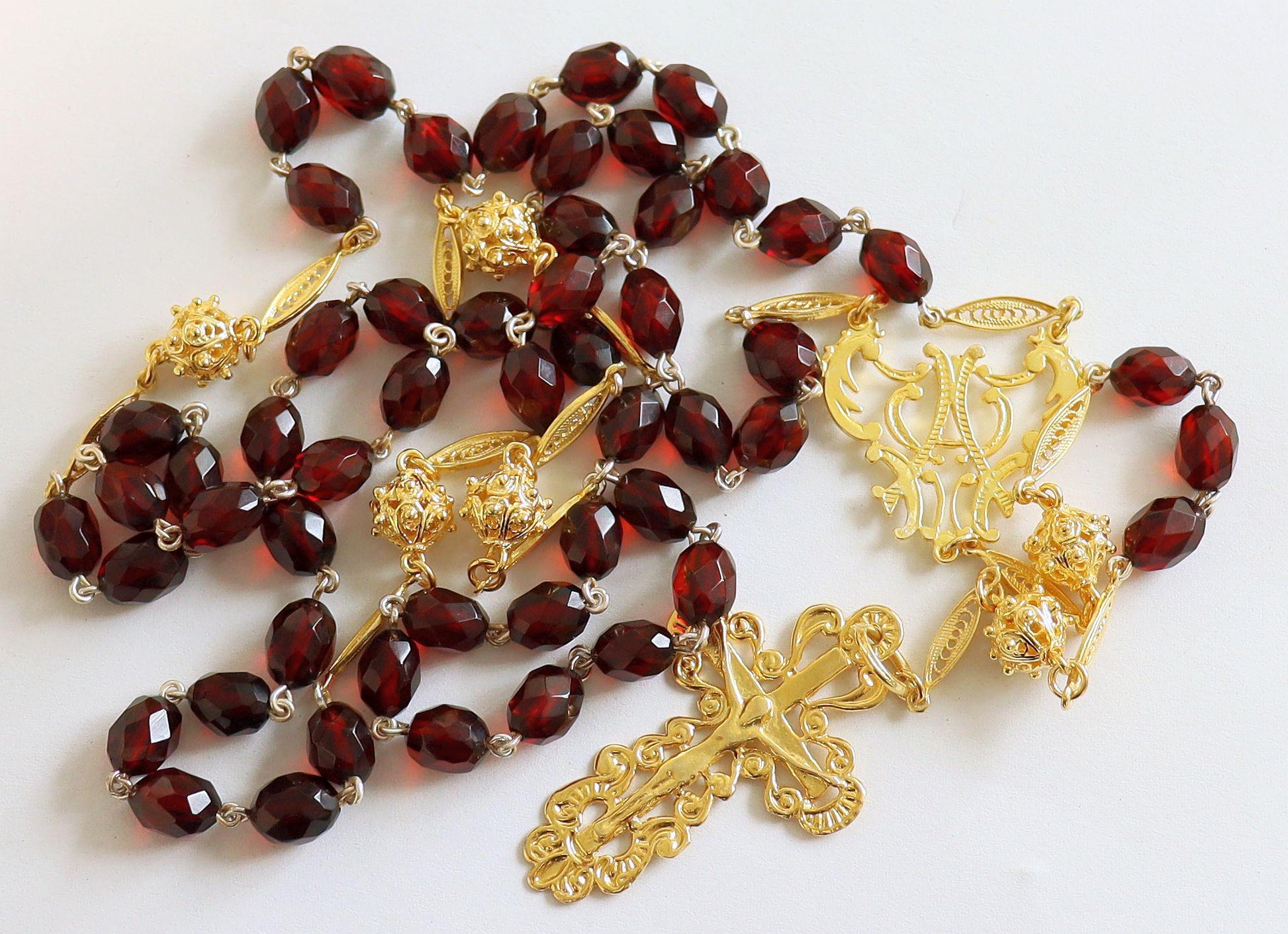 1930's Catholic Rosary Cherry Diamond Tested Bakelite and Gold Vermeil - Extreme rarity - Collector's