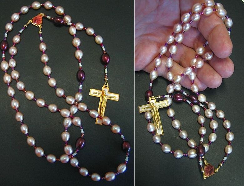 Catholic Rosary Prayer Beads Gebetskette Pink and Mauve Pearls, Gold Plate and Enamel - Saint Therese - Vintage parts