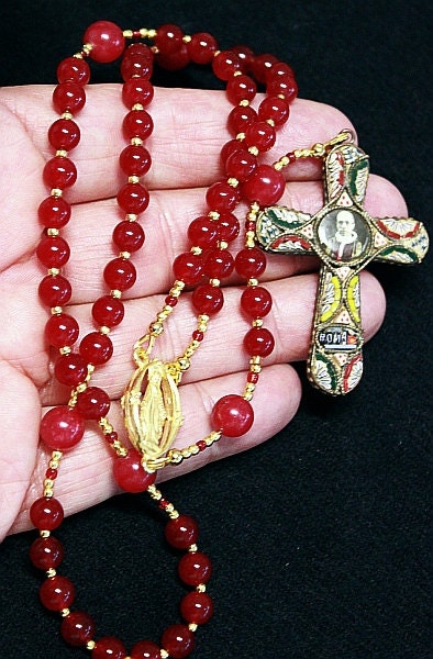 Catholic Rosary Genuine Round Ruby And Pius XII Micromosaic Jubilee Cross -- XXXRare