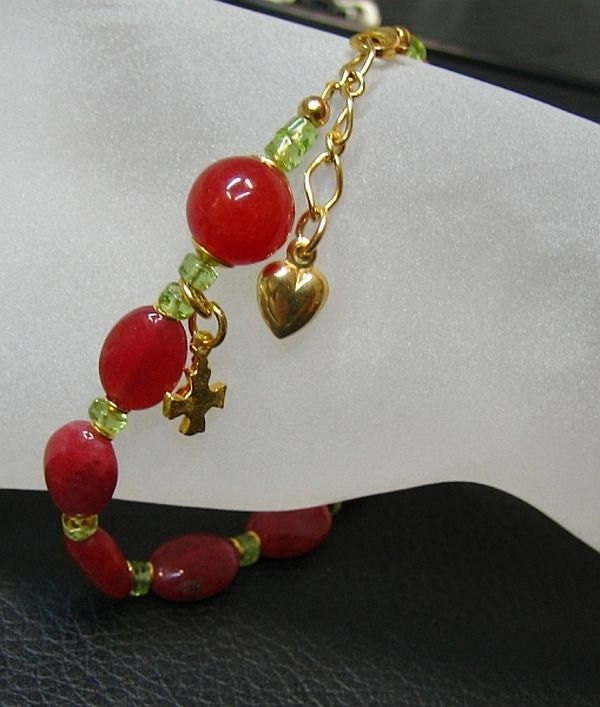 Genuine Ruby, Peridot and Vermeil Bracelet Catholic Rosary with Assorted Earrings
