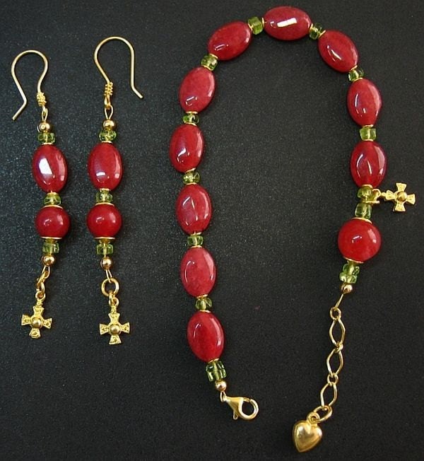 Genuine Ruby, Peridot and Vermeil Bracelet Catholic Rosary with Assorted Earrings