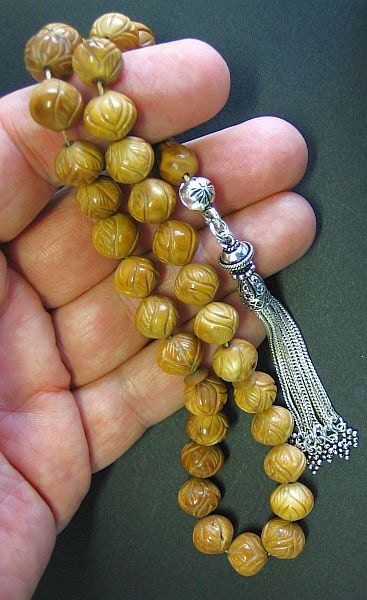 Prayer Worry Beads Tesbih Rosary : Kuka by Egyptian Master carver - with Sterling - Collector's item