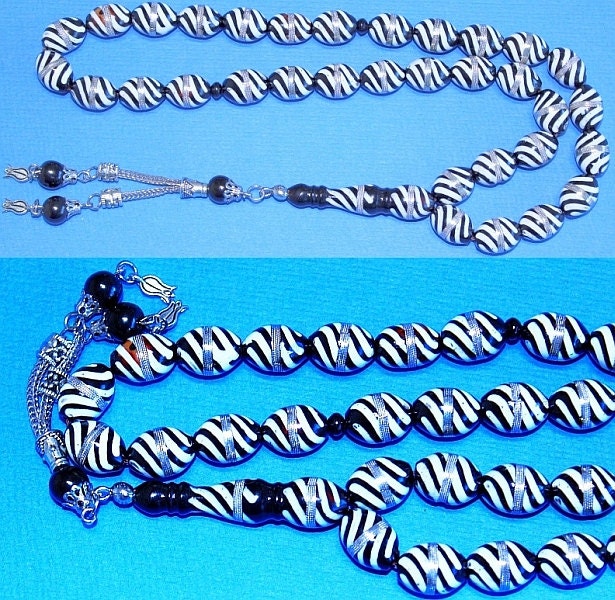 Kuka Seed Prayer Beads: Bone Inlaid Tesbih with Sterling Tassel