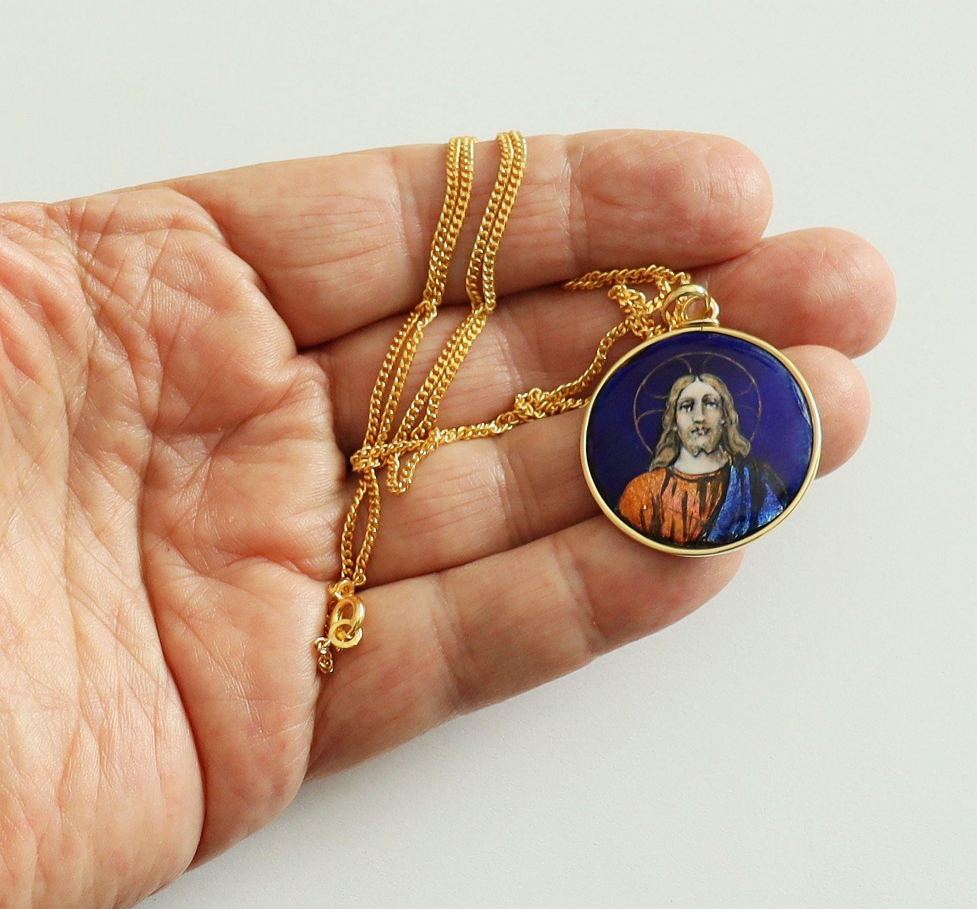 Antique French 19th Century Limoges Enamel Jesus Christ Pendant – Solid 18K Gold Frame, Hand Painted Religious Medallion