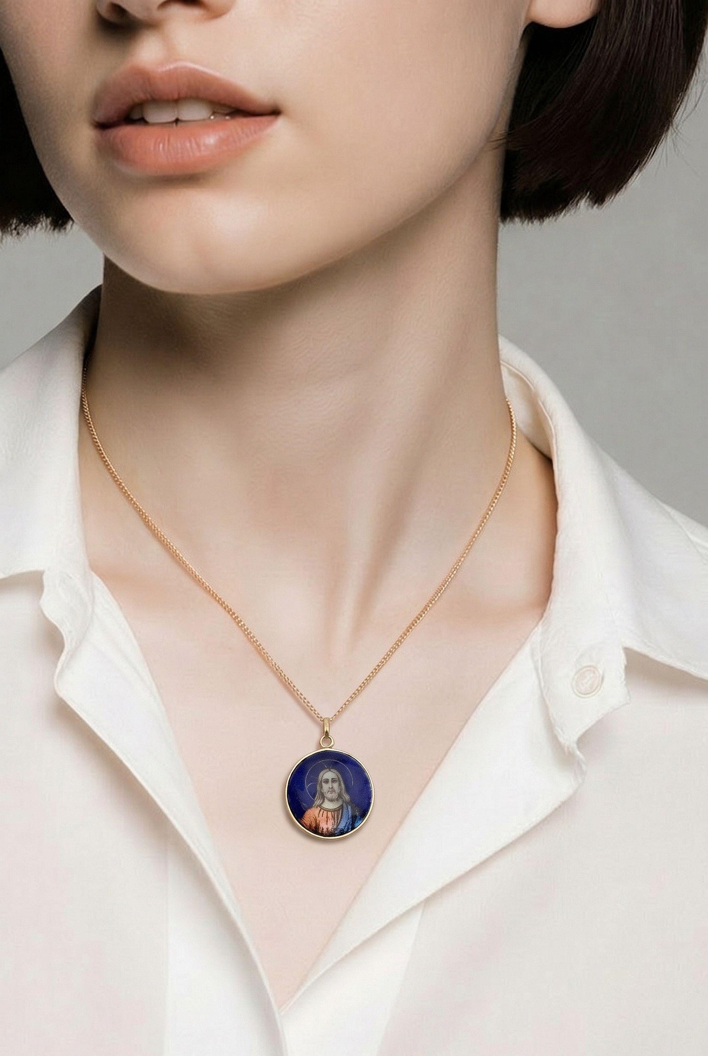 Antique French 19th Century Limoges Enamel Jesus Christ Pendant – Solid 18K Gold Frame, Hand Painted Religious Medallion