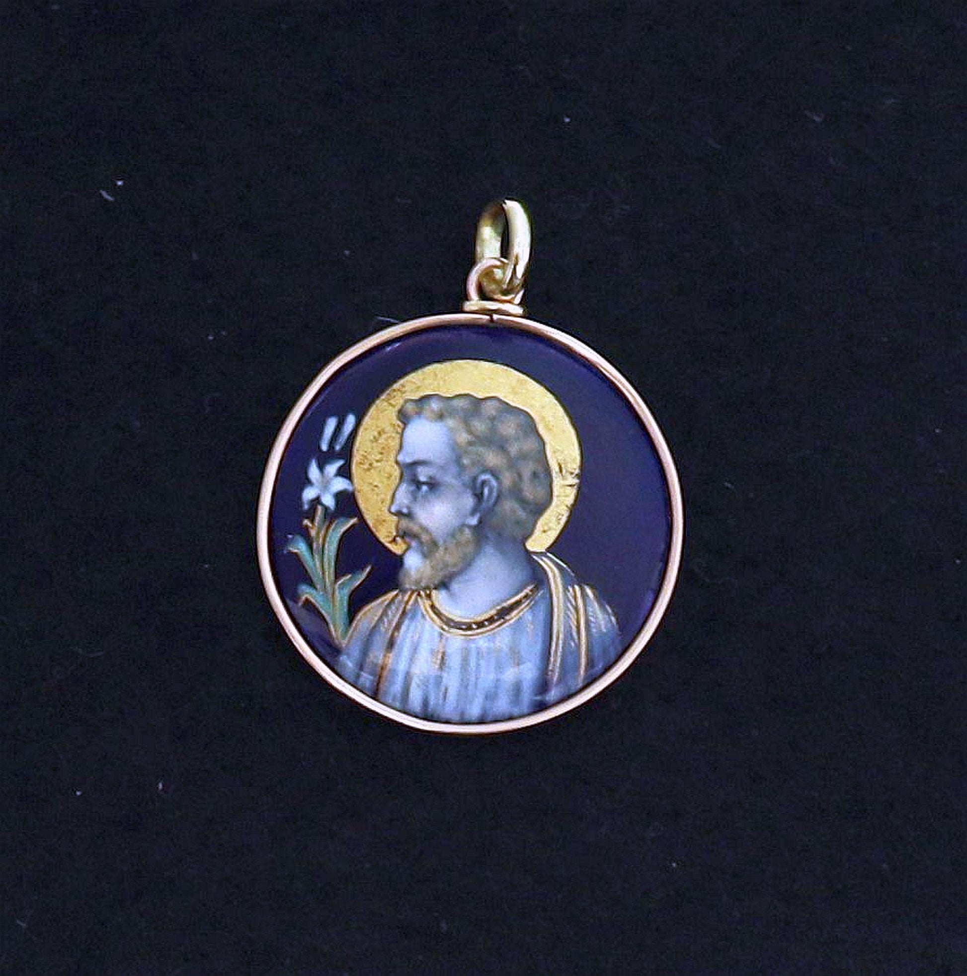 Antique French 19th Century Limoges Enamel Saint Joseph Pendant – Solid 18K Gold Frame, Hand Painted Religious Medallion