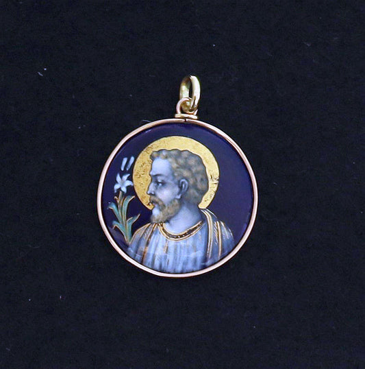 Antique French 19th Century Limoges Enamel Saint Joseph Pendant – Solid 18K Gold Frame, Hand Painted Religious Medallion