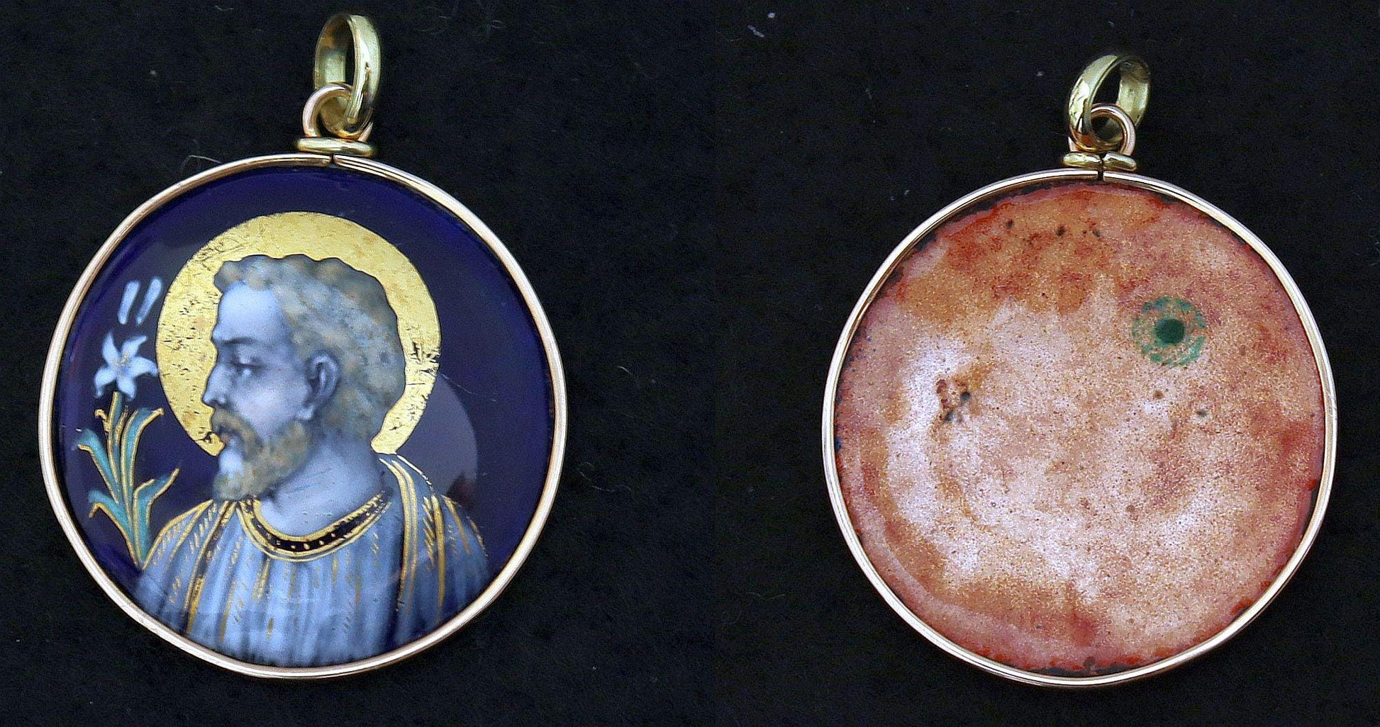 Antique French 19th Century Limoges Enamel Saint Joseph Pendant – Solid 18K Gold Frame, Hand Painted Religious Medallion