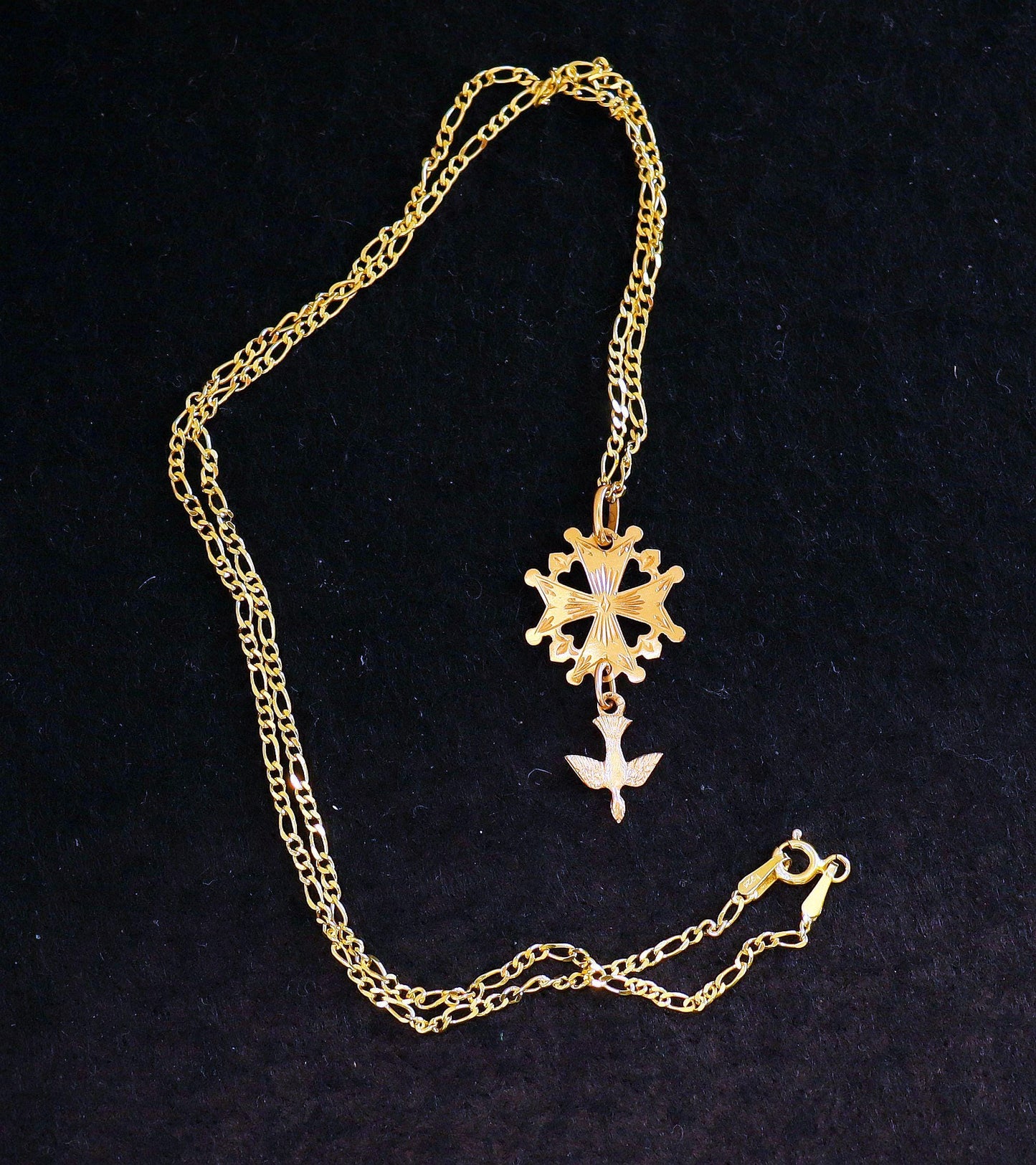 18 K Gold Huguenot Cross 1930 's Pendant Medal, French - Double sided - Pristine condition - With Vermeil Chain