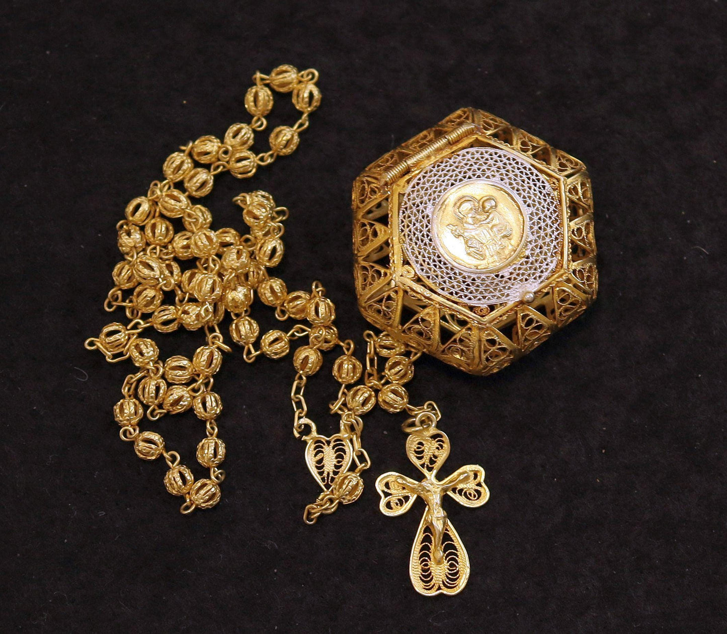 Vintage Rare Filigree Set Vermeil Catholic Rosary in Two color Gold & Silver St Anthony Box