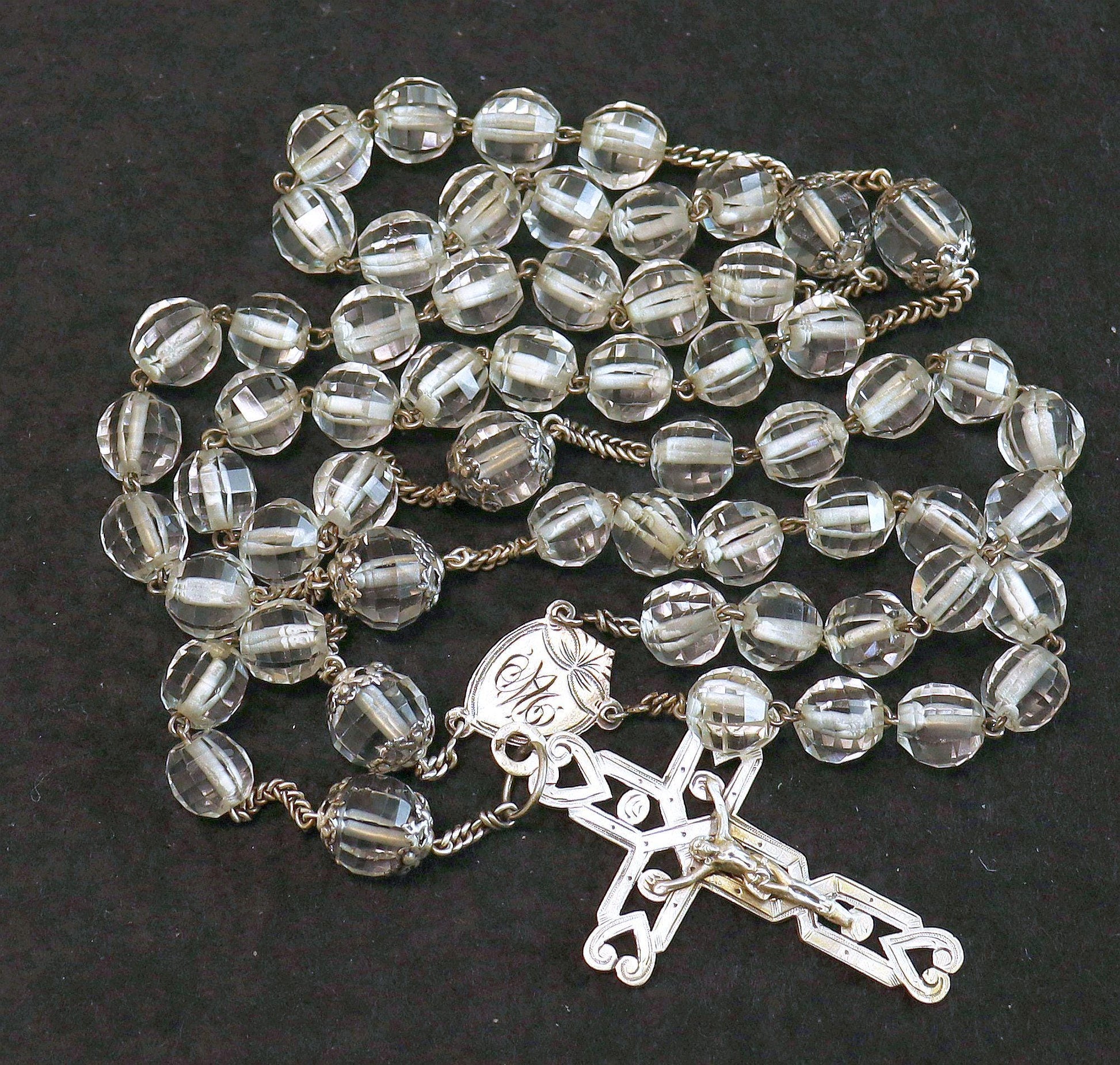 Art Deco Bohemian Crystal and Sterling Silver Catholic Rosary 1920’s - Souvenir of The Great Chartreuse – French – XXR