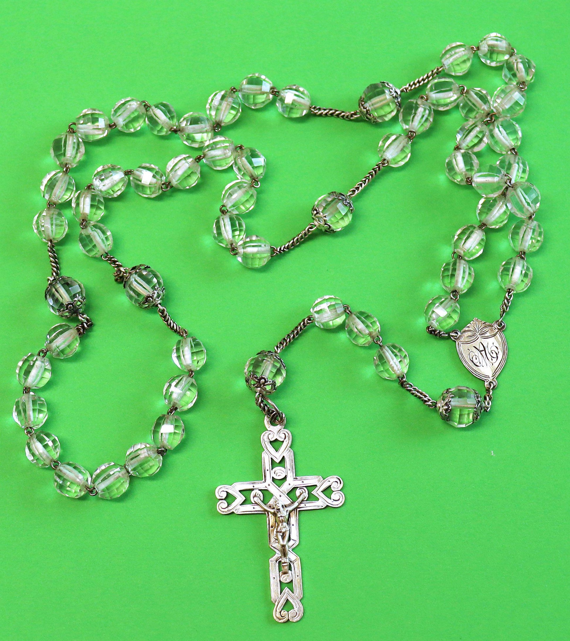 Art Deco Bohemian Crystal and Sterling Silver Catholic Rosary 1920’s - Souvenir of The Great Chartreuse – French – XXR