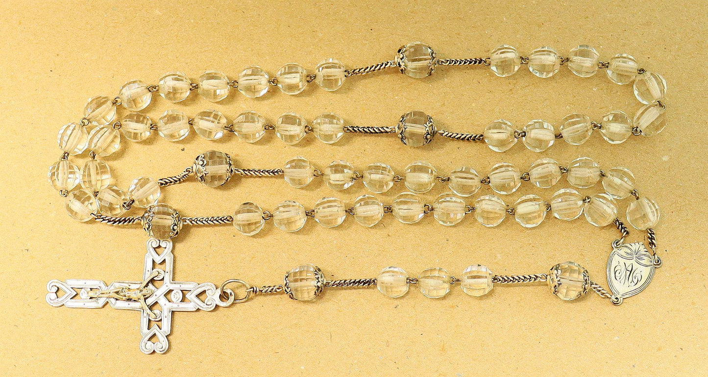 Art Deco Bohemian Crystal and Sterling Silver Catholic Rosary 1920’s - Souvenir of The Great Chartreuse – French – XXR