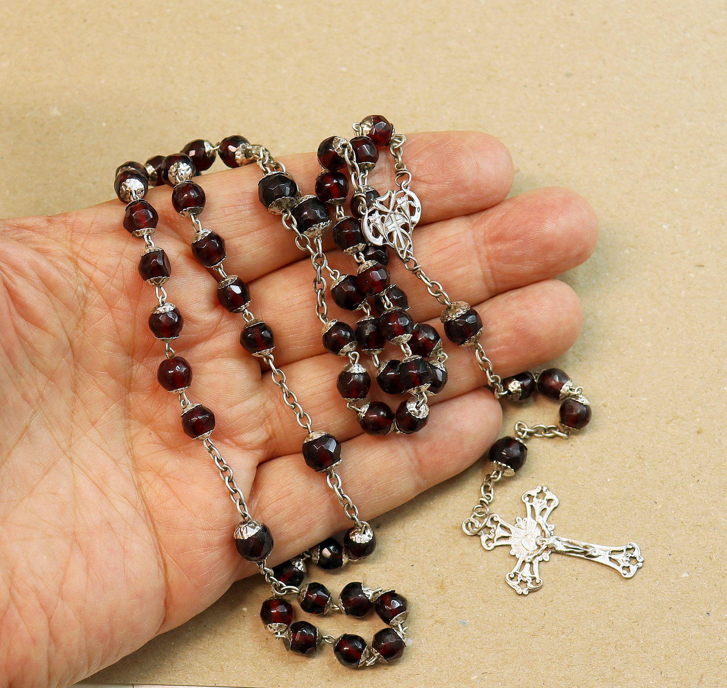 Art Nouveau Faceted Garnet & Sterling Silver Catholic Rosary - French- All Beads Sterling capped - XXR