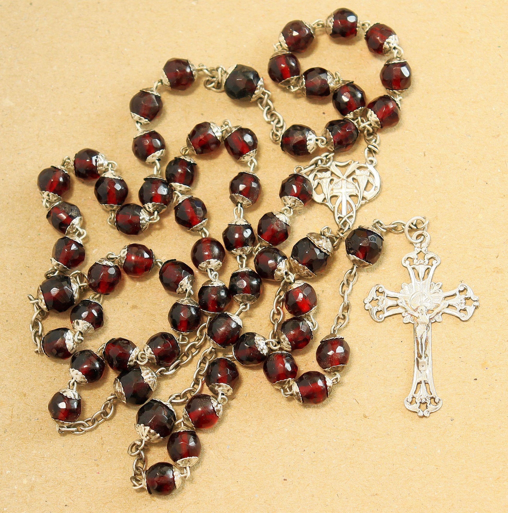 Art Nouveau Faceted Garnet & Sterling Silver Catholic Rosary - French- All Beads Sterling capped - XXR
