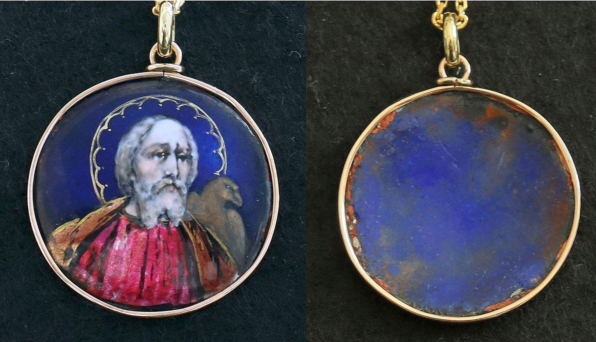 Saint John the Evangelist Pendant Antique French 19th Century Limoges Enamel – Solid 18K Gold Frame, Hand Painted, One-of-a-Kind