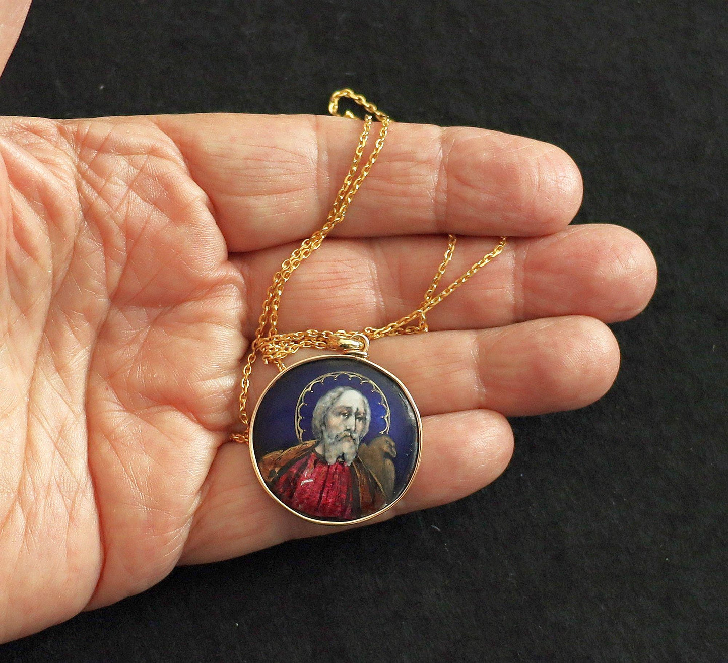 Saint John the Evangelist Pendant Antique French 19th Century Limoges Enamel – Solid 18K Gold Frame, Hand Painted, One-of-a-Kind