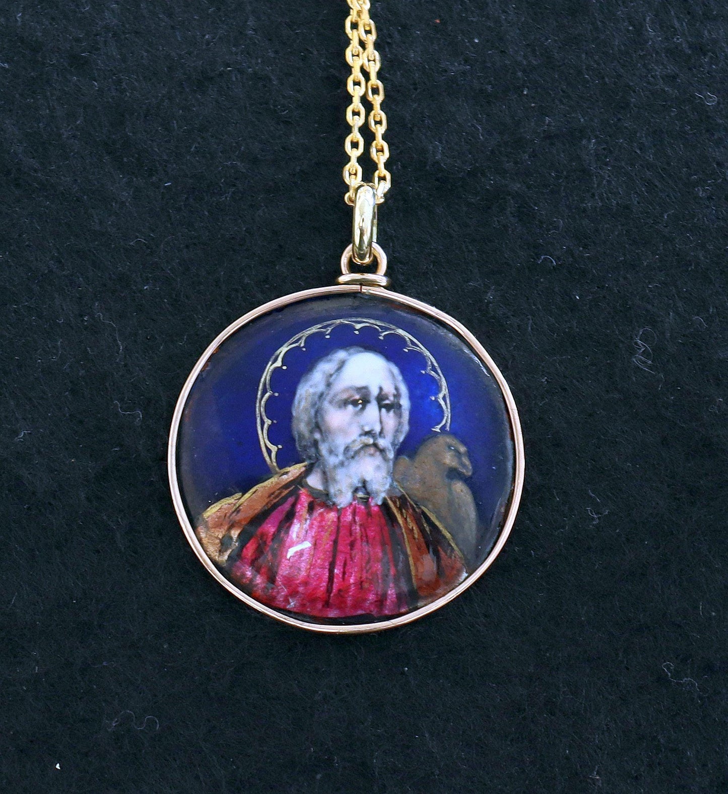 Saint John the Evangelist Pendant Antique French 19th Century Limoges Enamel – Solid 18K Gold Frame, Hand Painted, One-of-a-Kind