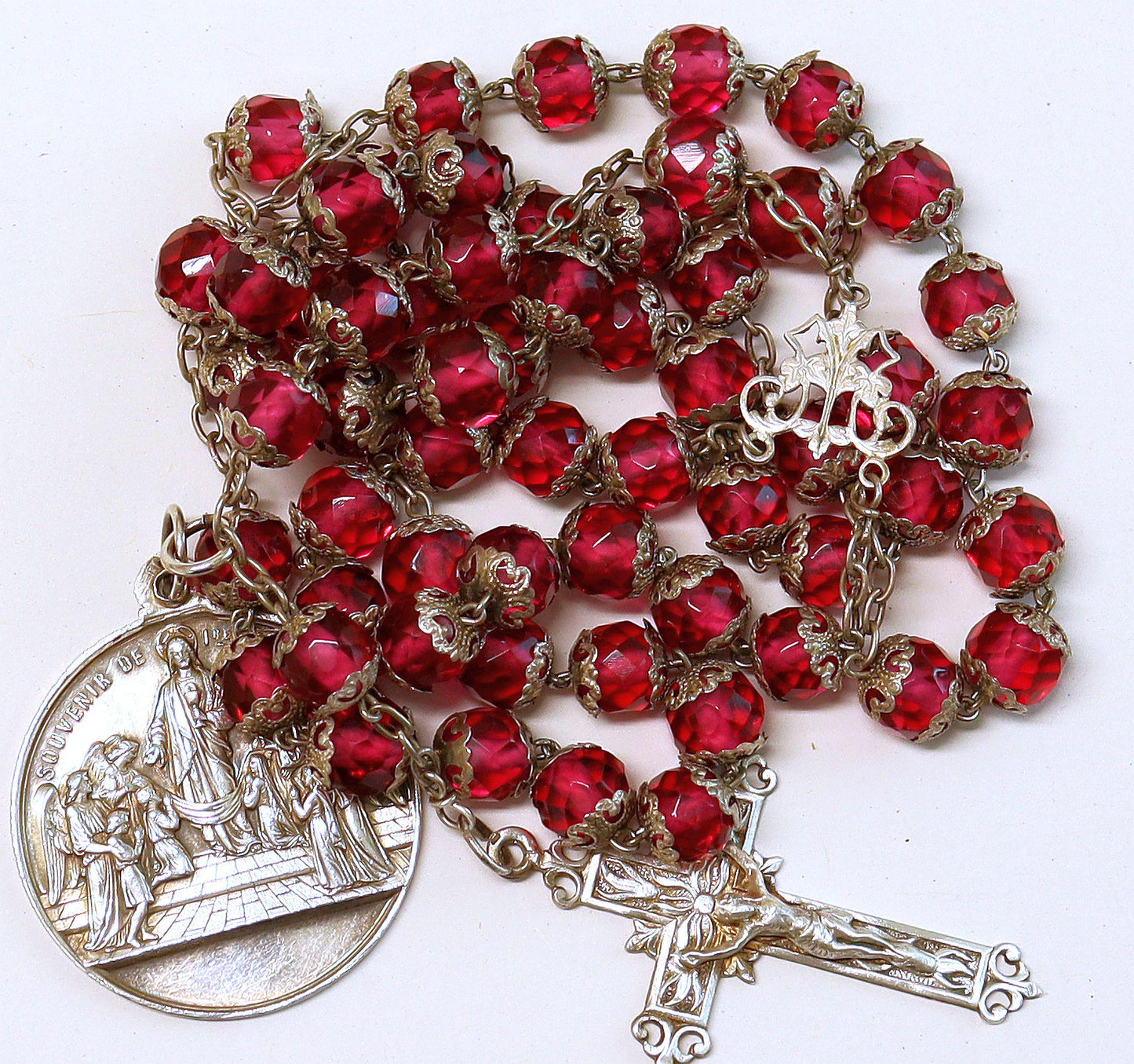 Dated 1888 Faceted Pink Crystal & Sterling Catholic Rosary - All Beads Silver Capped - French- Pristine -V.Rare