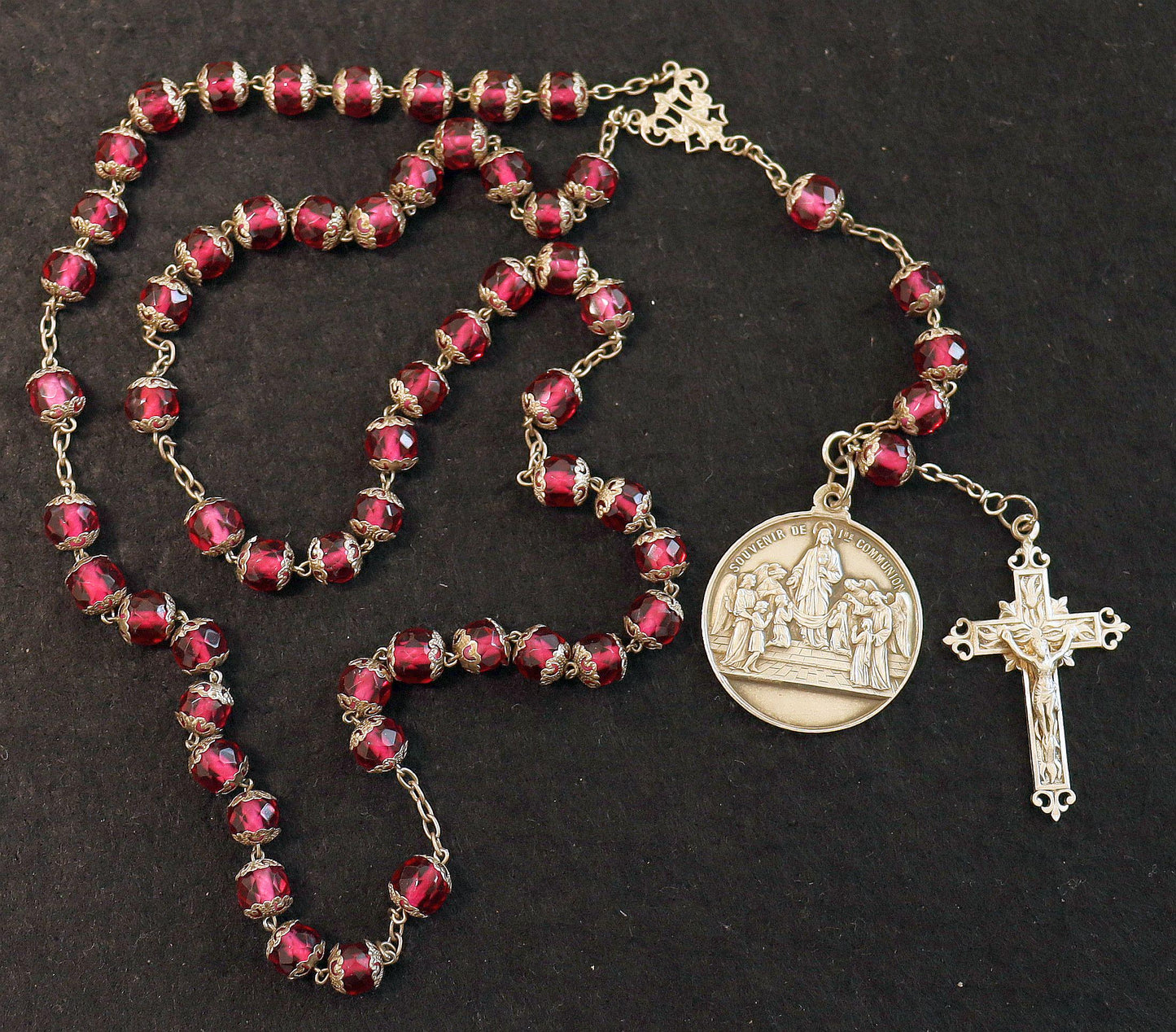 Dated 1888 Faceted Pink Crystal & Sterling Catholic Rosary - All Beads Silver Capped - French- Pristine -V.Rare