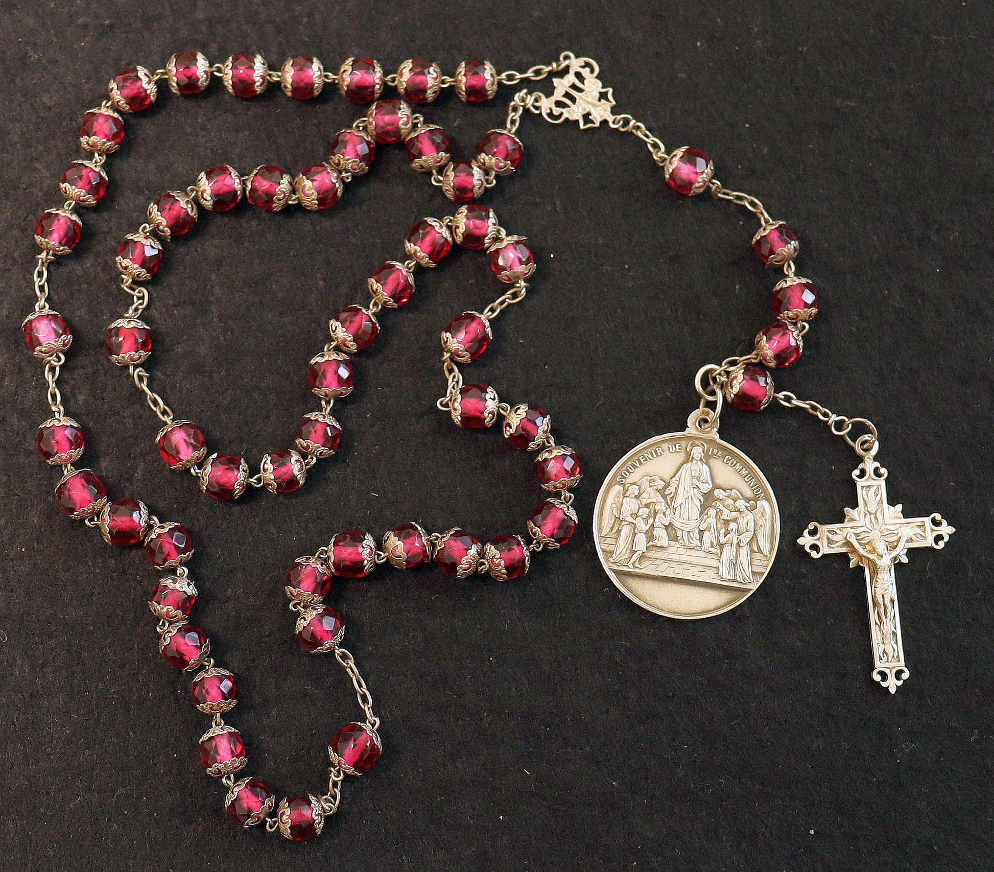 Dated 1888 Faceted Pink Crystal & Sterling Catholic Rosary - All Beads Silver Capped - French- Pristine -V.Rare