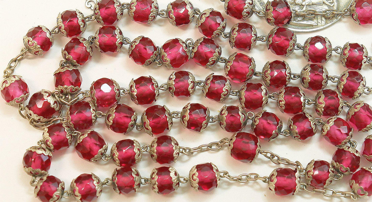 Dated 1888 Faceted Pink Crystal & Sterling Catholic Rosary - All Beads Silver Capped - French- Pristine -V.Rare