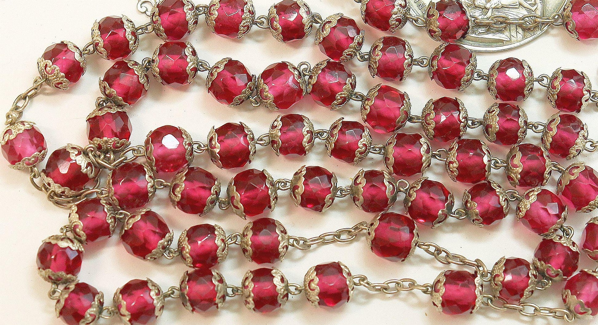 Dated 1888 Faceted Pink Crystal & Sterling Catholic Rosary - All Beads Silver Capped - French- Pristine -V.Rare