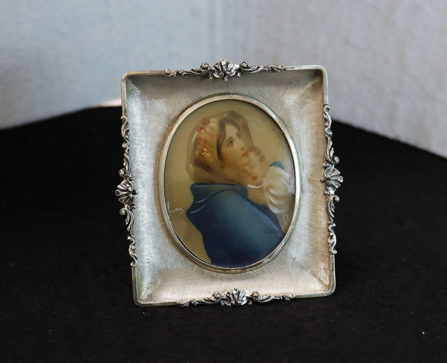 1930's Fine Miniature Hand Painting Virgin Mary in Sterling Silver Frame - Italy