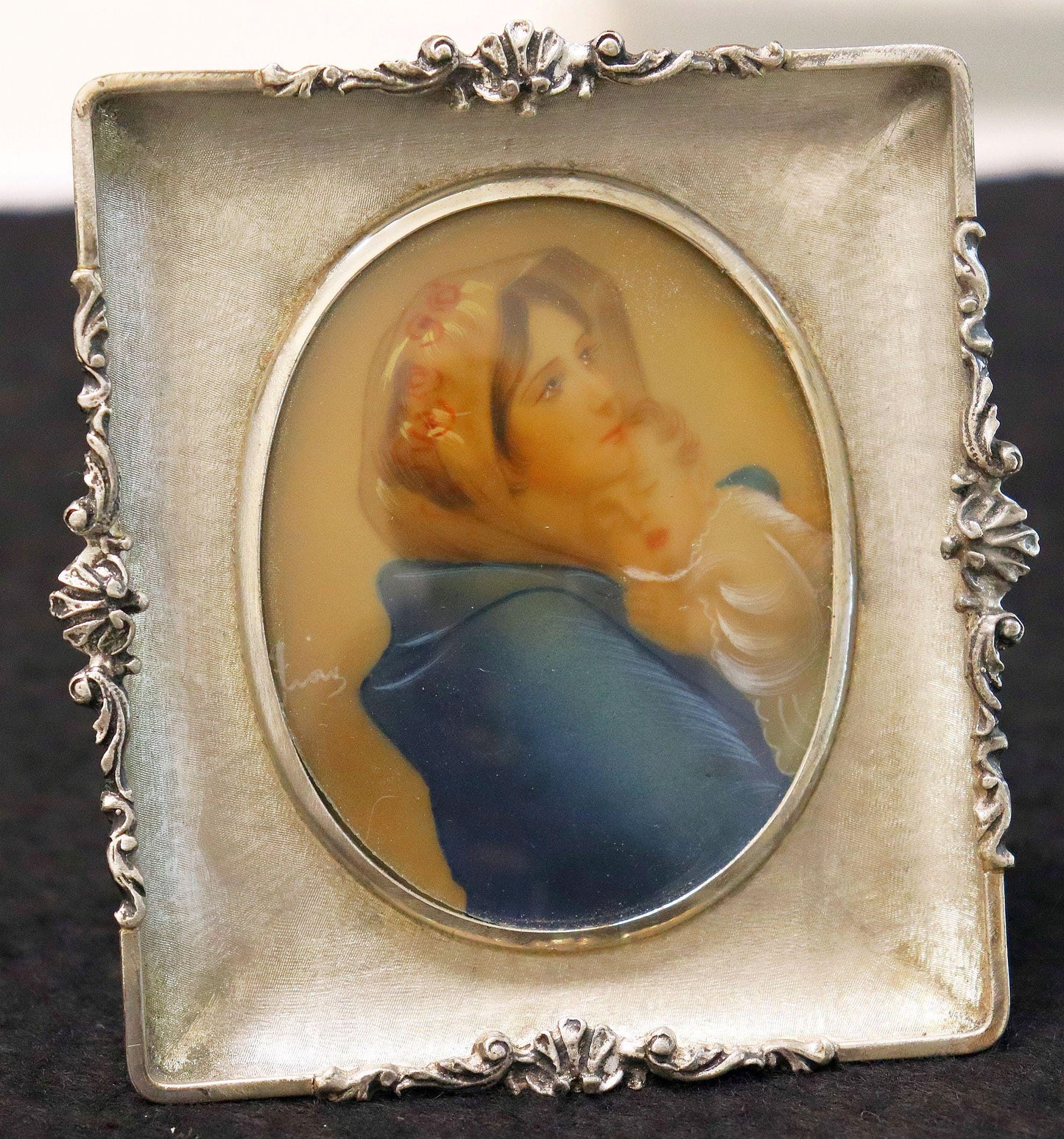 1930's Fine Miniature Hand Painting Virgin Mary in Sterling Silver Frame - Italy