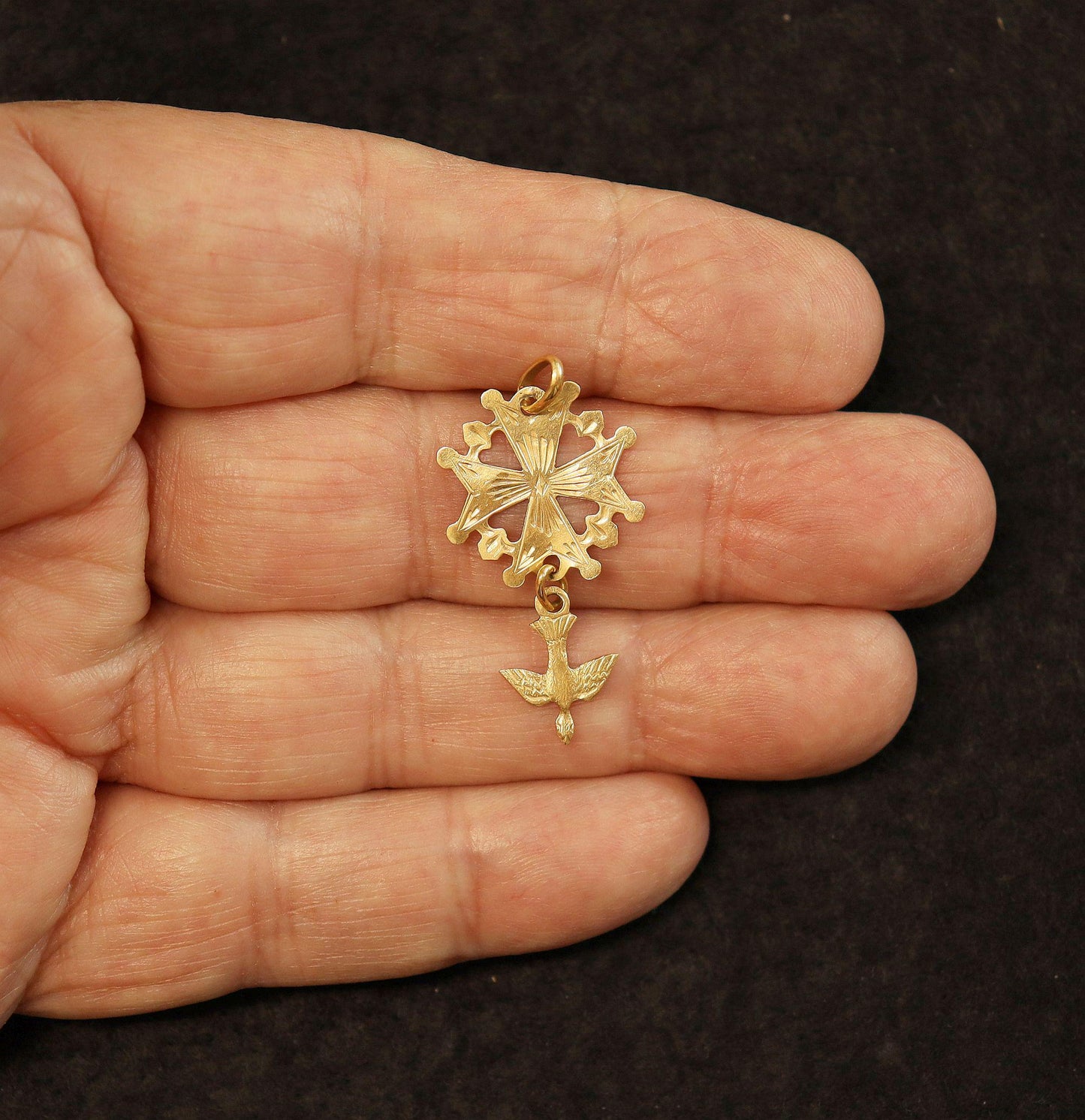 18 K Gold Huguenot Cross 1930 's Pendant Medal, French - Double sided - Pristine condition - With Vermeil Chain