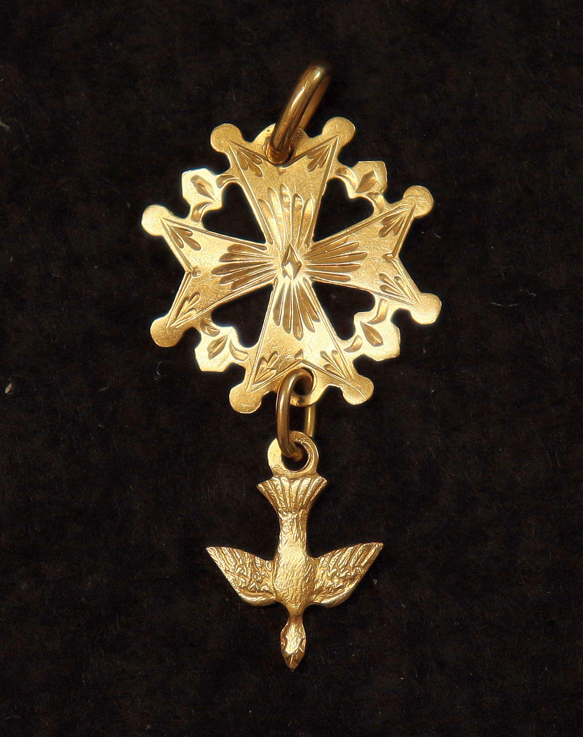 18 K Gold Huguenot Cross 1930 's Pendant Medal, French - Double sided - Pristine condition - With Vermeil Chain