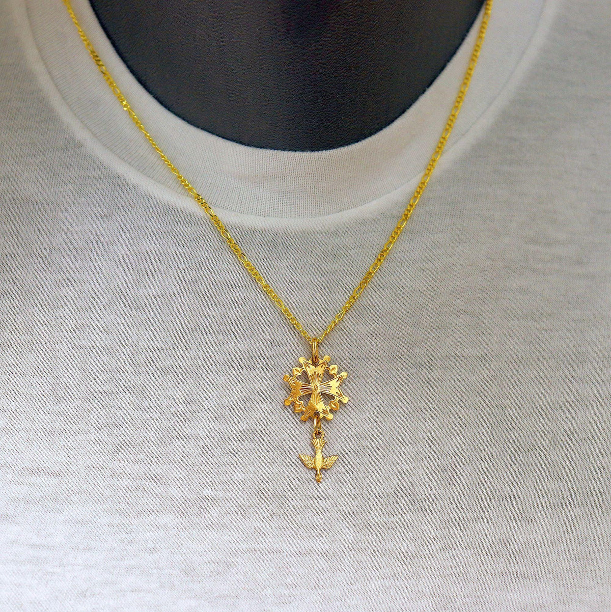 18 K Gold Huguenot Cross 1930 's Pendant Medal, French - Double sided - Pristine condition - With Vermeil Chain
