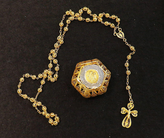 Vintage Rare Filigree Set Vermeil Catholic Rosary in Two color Gold & Silver St Anthony Box