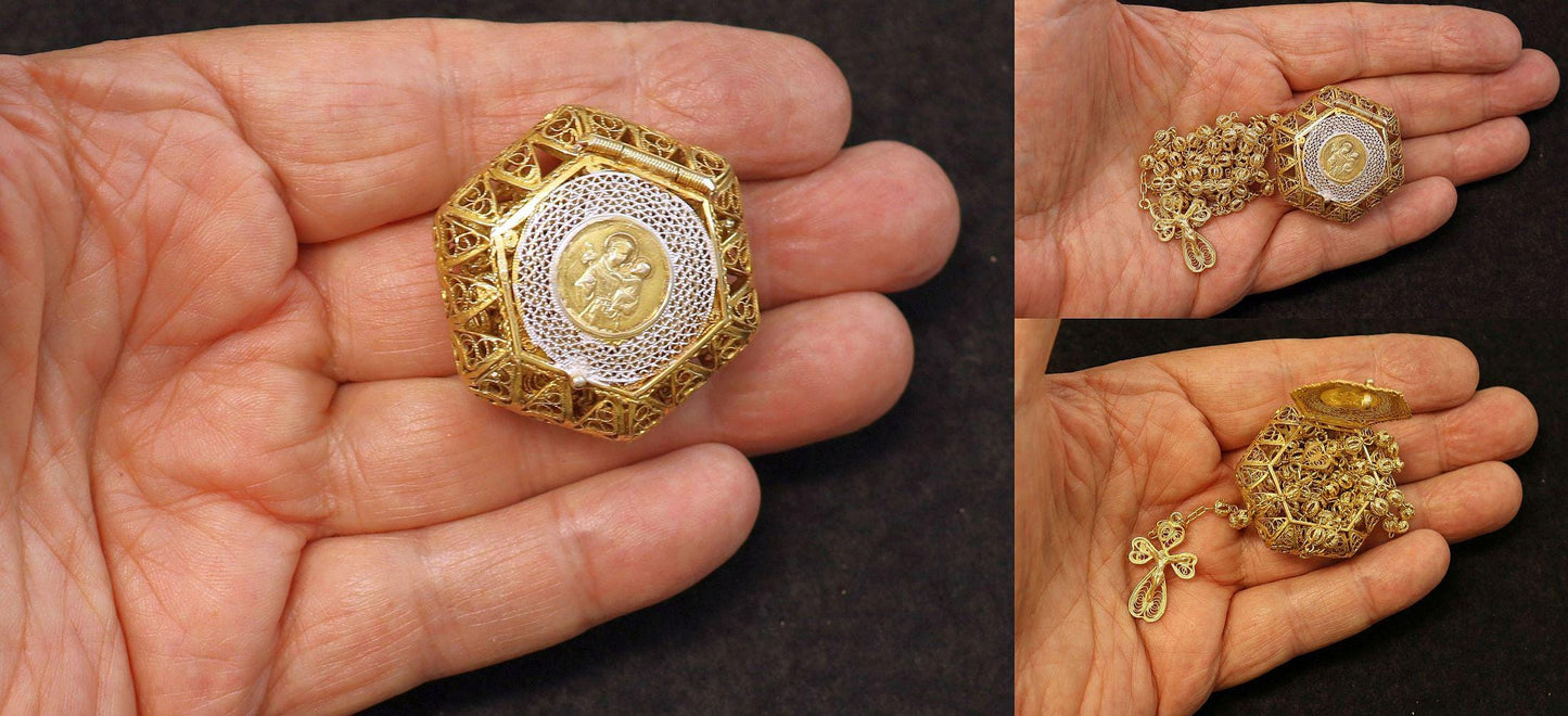 Vintage Rare Filigree Set Vermeil Catholic Rosary in Two color Gold & Silver St Anthony Box