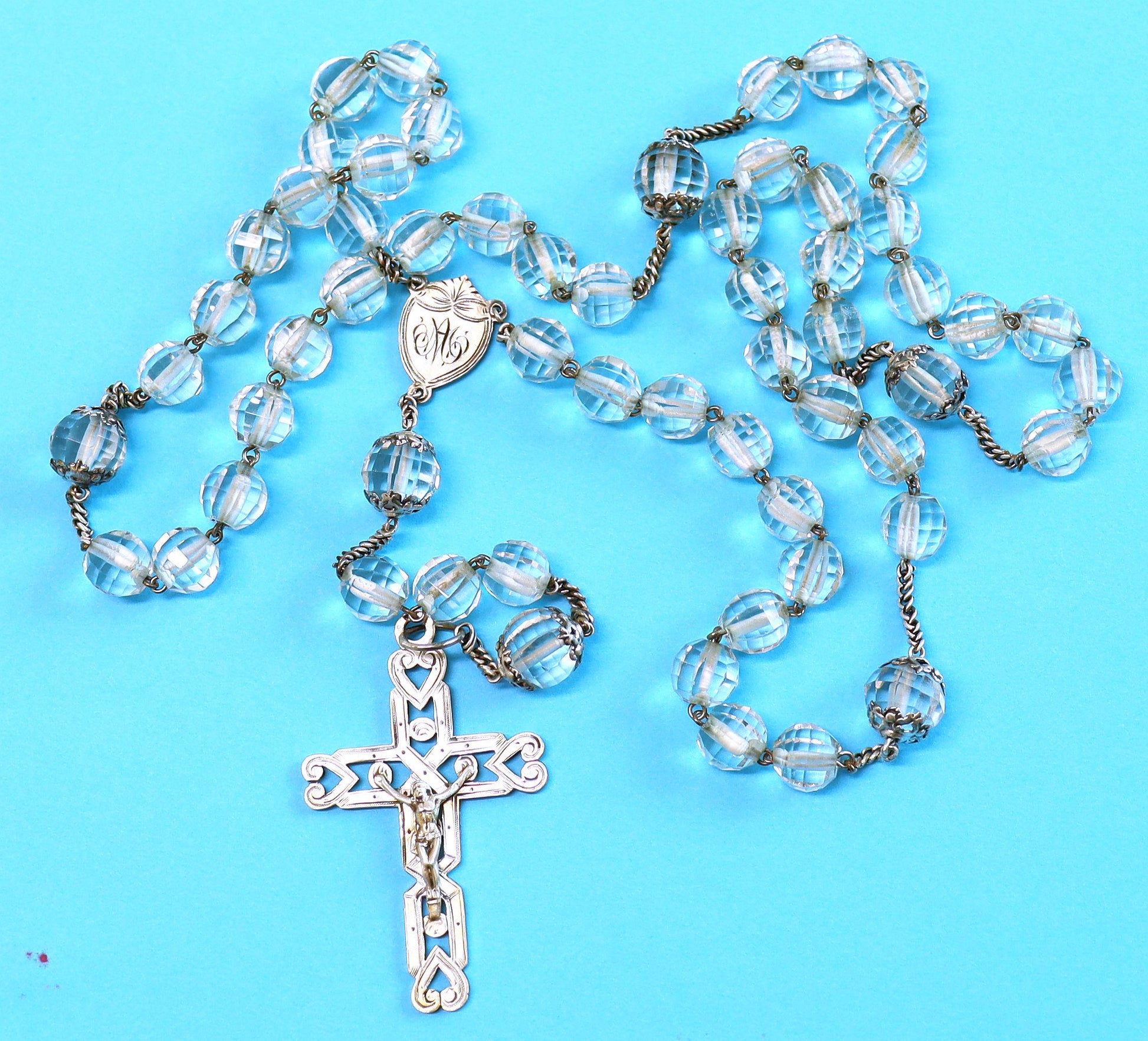 Art Deco Bohemian Crystal and Sterling Silver Catholic Rosary 1920’s - Souvenir of The Great Chartreuse – French – XXR
