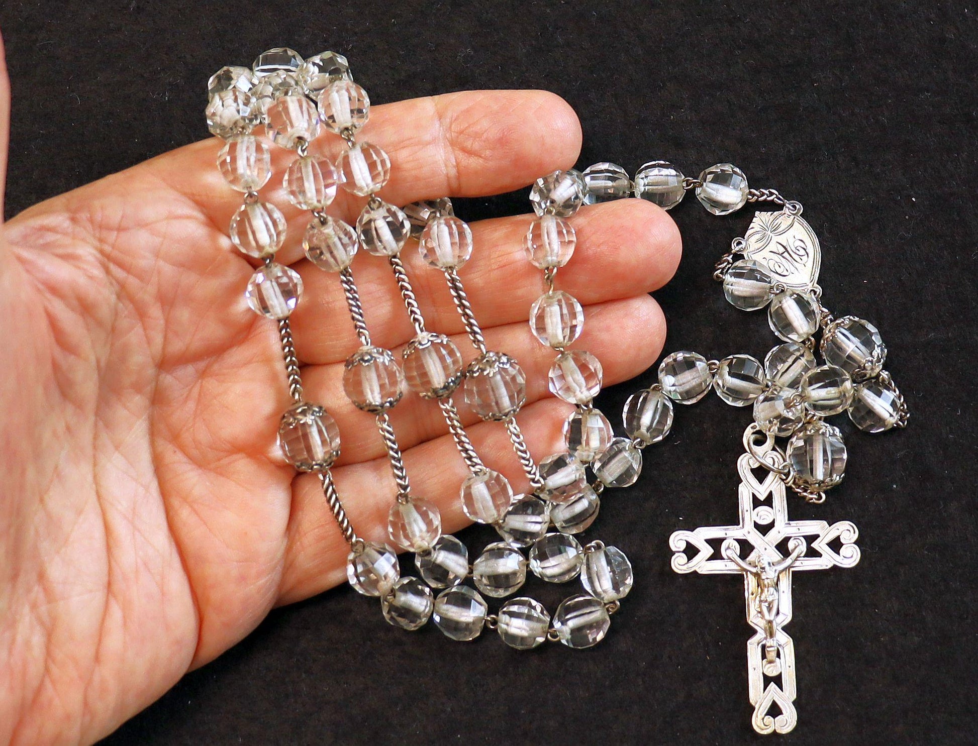 Art Deco Bohemian Crystal and Sterling Silver Catholic Rosary 1920’s - Souvenir of The Great Chartreuse – French – XXR