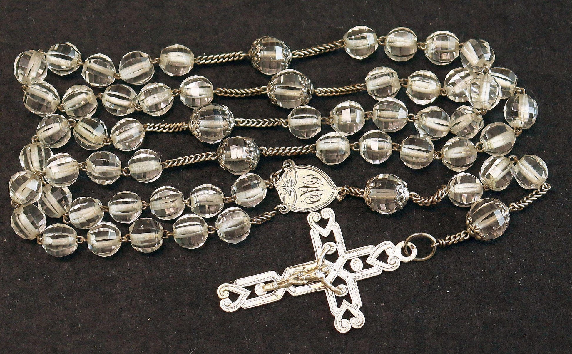 Art Deco Bohemian Crystal and Sterling Silver Catholic Rosary 1920’s - Souvenir of The Great Chartreuse – French – XXR