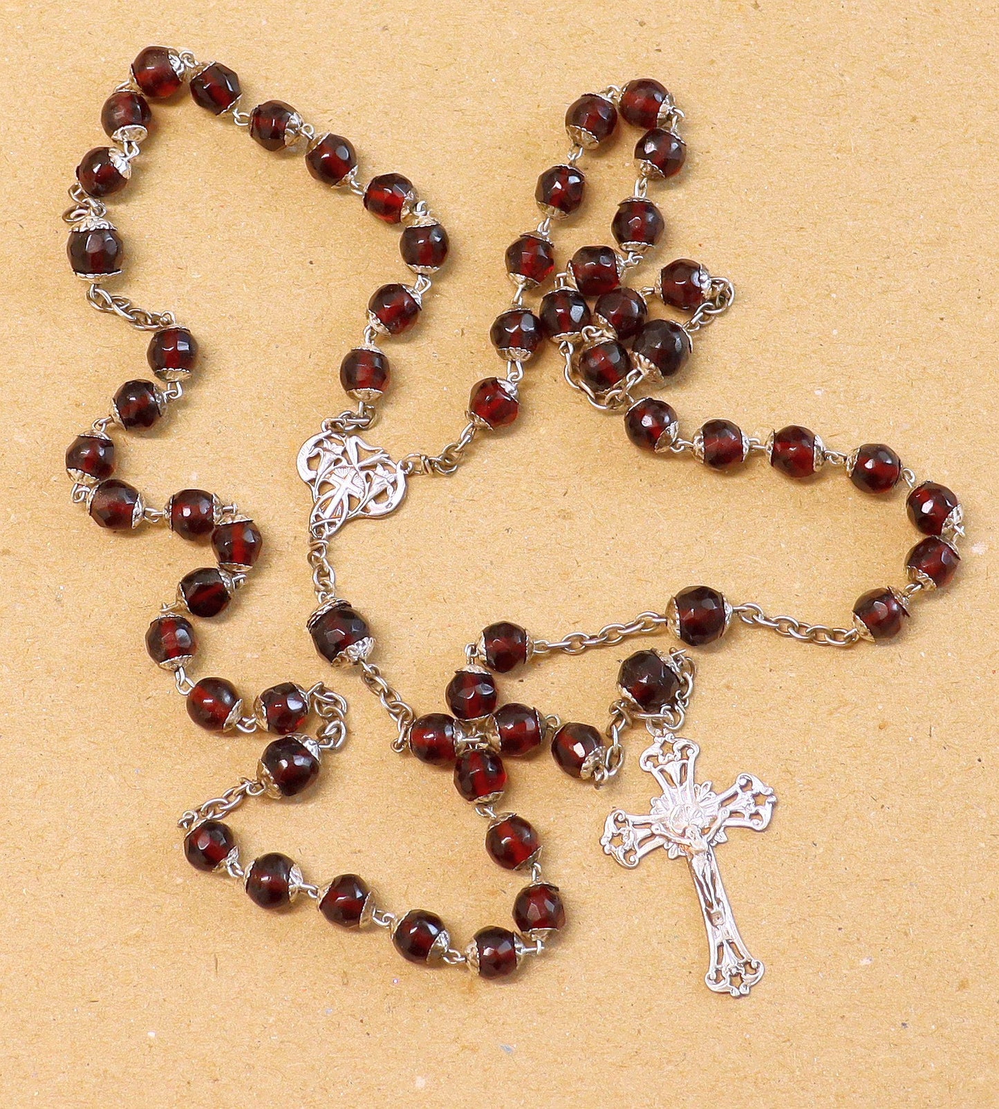 Art Nouveau Faceted Garnet & Sterling Silver Catholic Rosary - French- All Beads Sterling capped - XXR