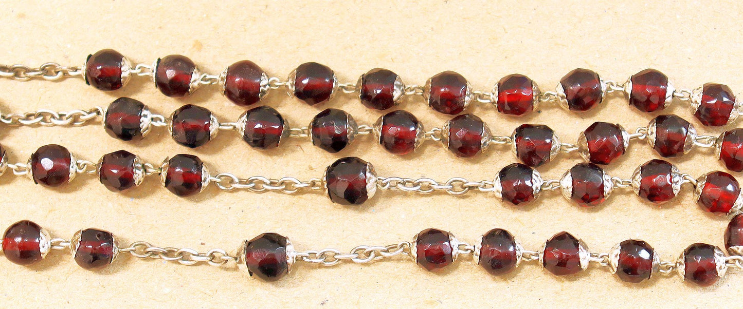 Art Nouveau Faceted Garnet & Sterling Silver Catholic Rosary - French- All Beads Sterling capped - XXR
