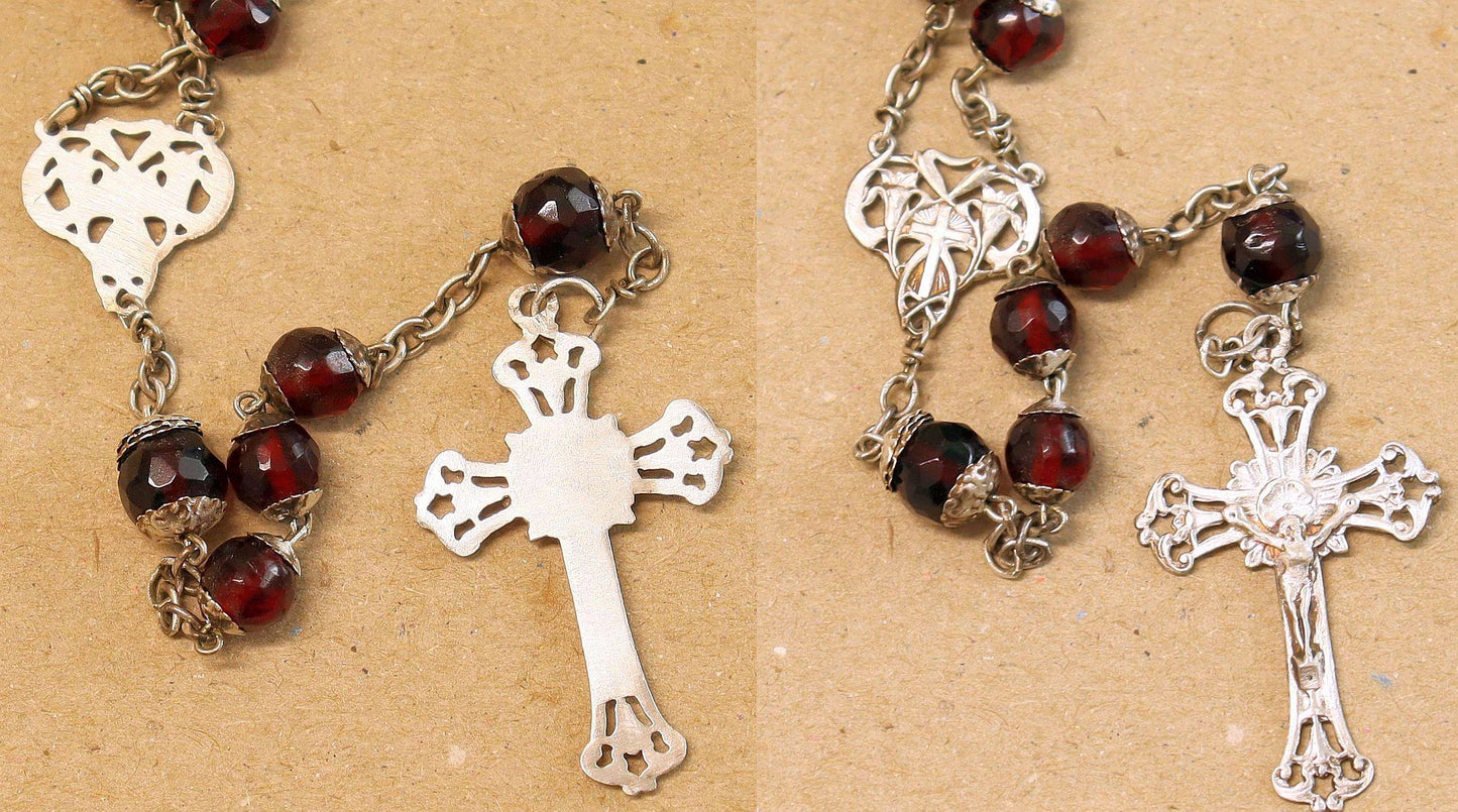 Art Nouveau Faceted Garnet & Sterling Silver Catholic Rosary - French- All Beads Sterling capped - XXR