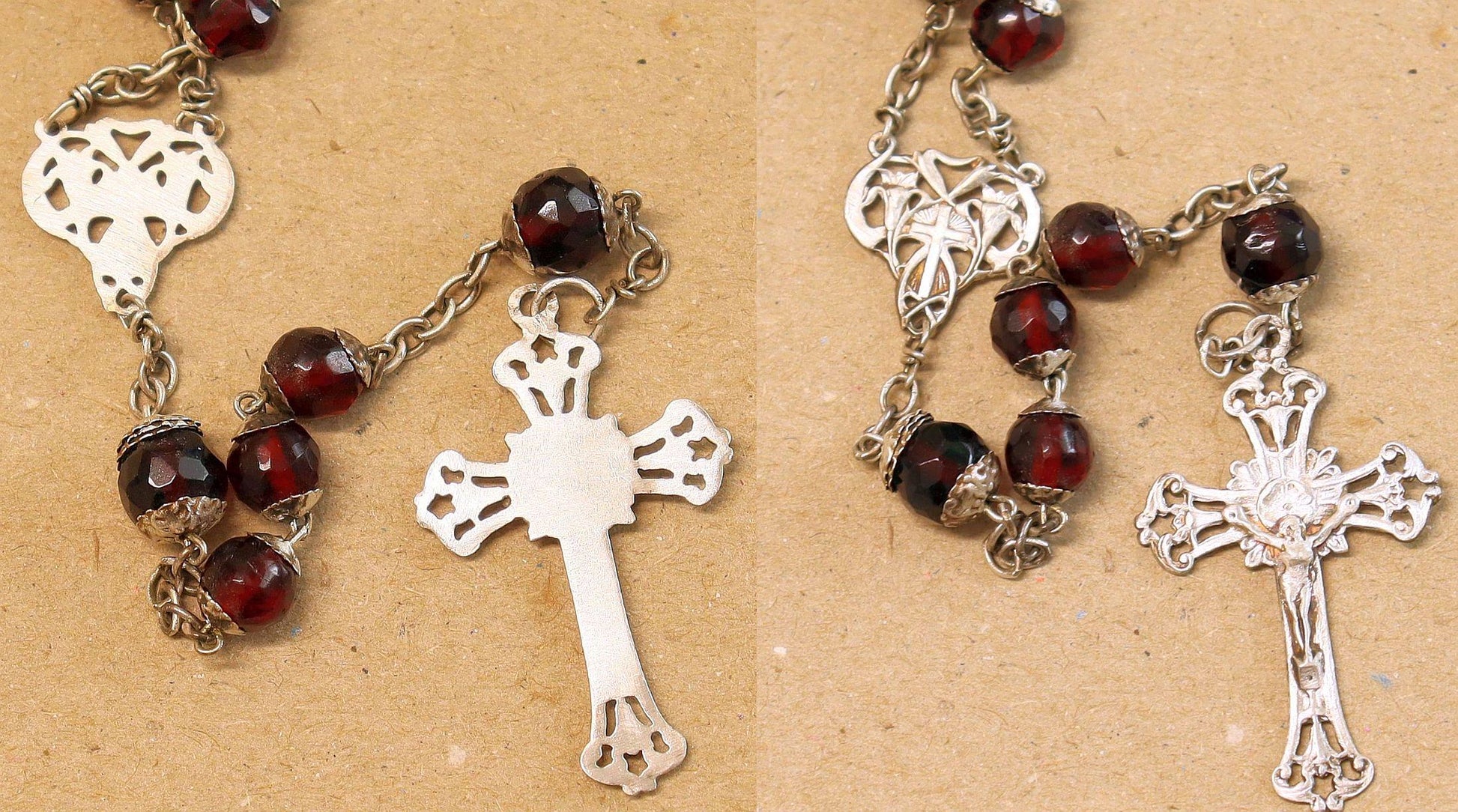 Art Nouveau Faceted Garnet & Sterling Silver Catholic Rosary - French- All Beads Sterling capped - XXR
