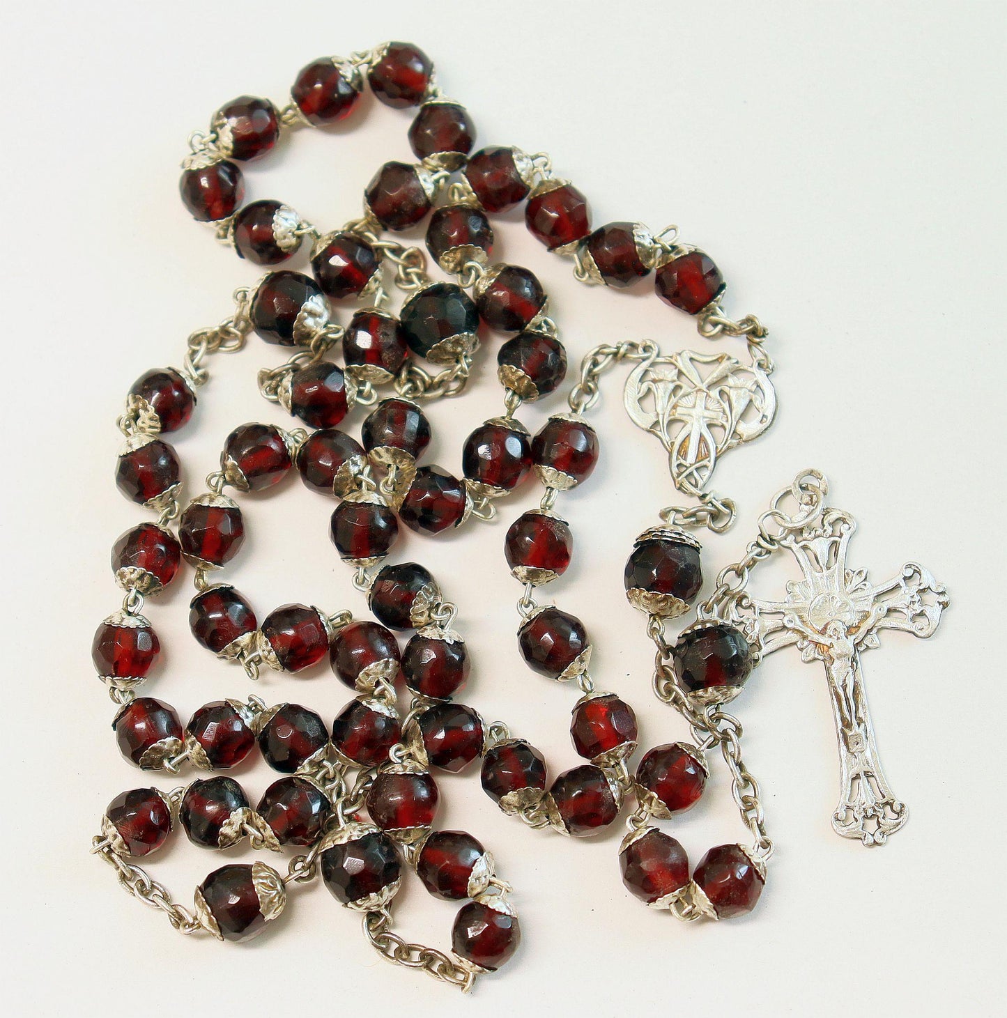 Art Nouveau Faceted Garnet & Sterling Silver Catholic Rosary - French- All Beads Sterling capped - XXR
