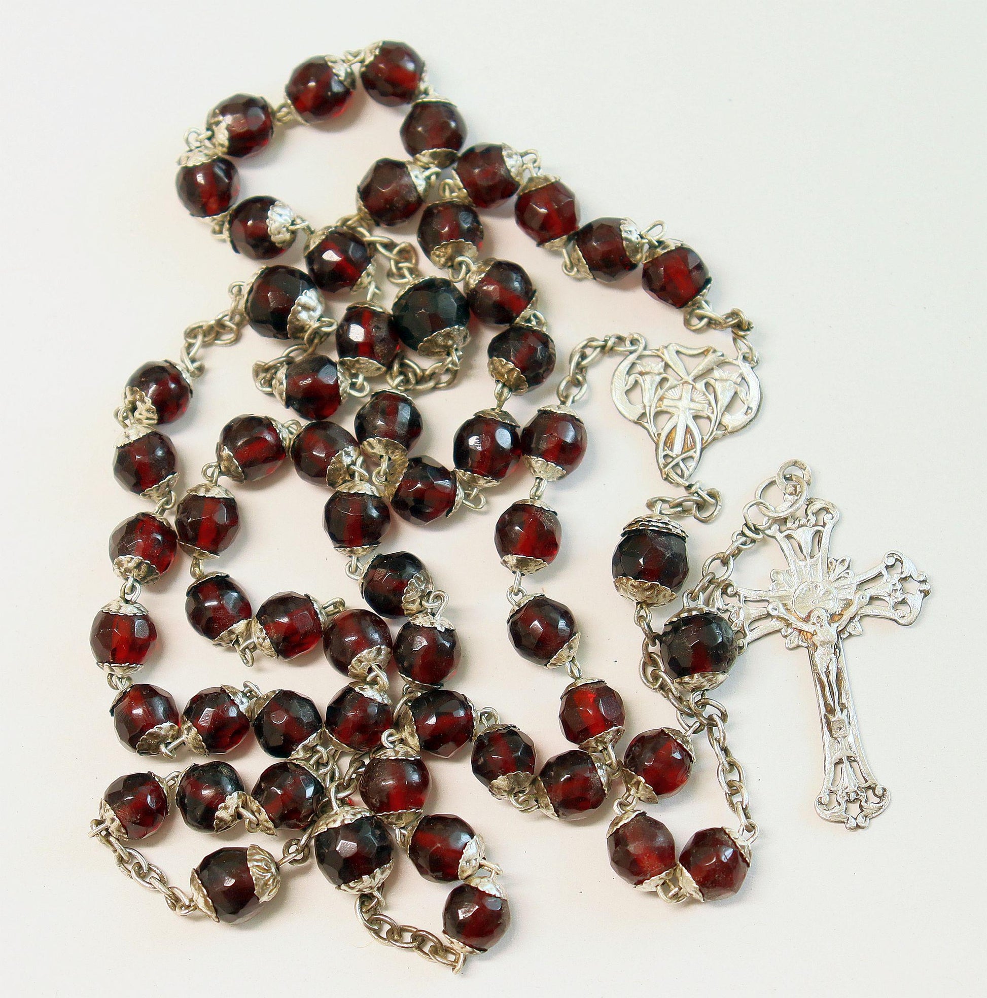 Art Nouveau Faceted Garnet & Sterling Silver Catholic Rosary - French- All Beads Sterling capped - XXR