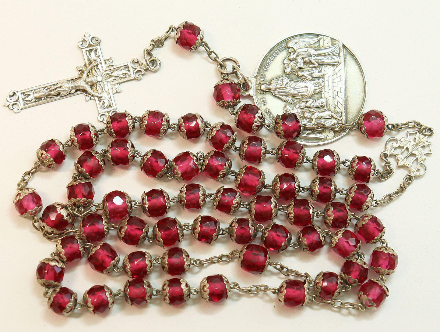 Dated 1888 Faceted Pink Crystal & Sterling Catholic Rosary - All Beads Silver Capped - French- Pristine -V.Rare