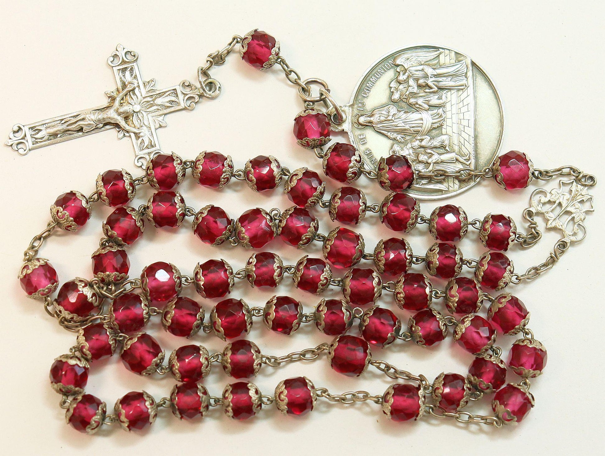 Dated 1888 Faceted Pink Crystal & Sterling Catholic Rosary - All Beads Silver Capped - French- Pristine -V.Rare