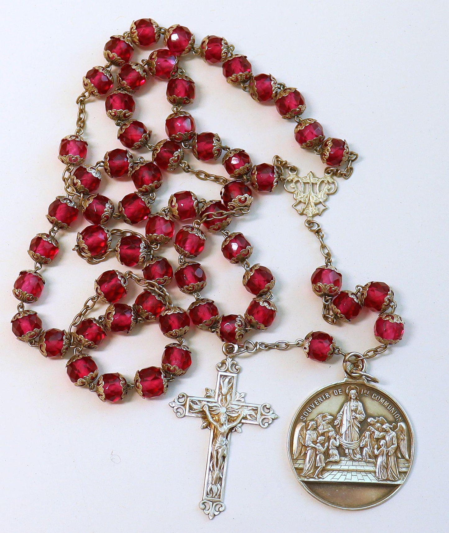 Dated 1888 Faceted Pink Crystal & Sterling Catholic Rosary - All Beads Silver Capped - French- Pristine -V.Rare